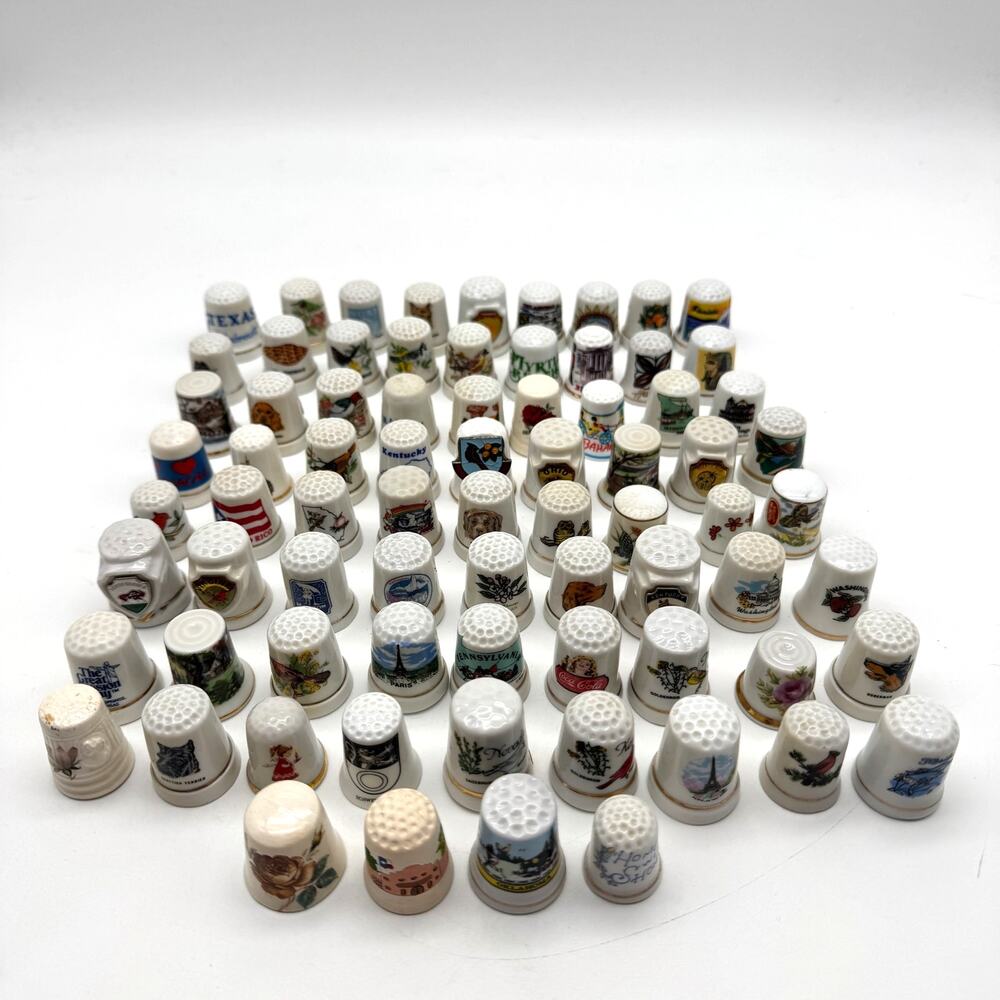 Vintage Lot 77 Sewing Thimbles Collector Souvenir Advertising Mixed Themes